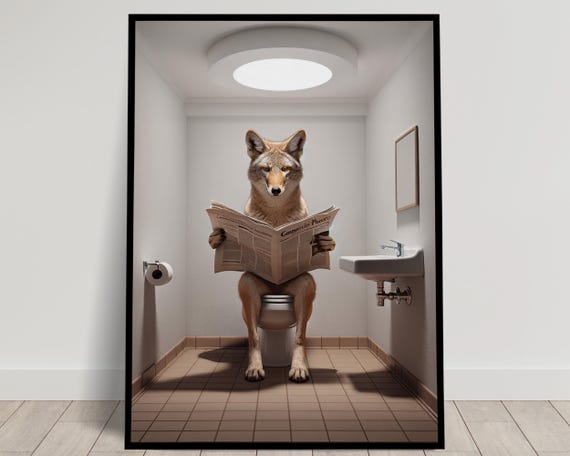 Photograph Of A Coyote Reading The Newspaper On The Toilet Funny Bathroom Decor Bathroom Wall Art Wc Toilet Poster Unique Gag Gift