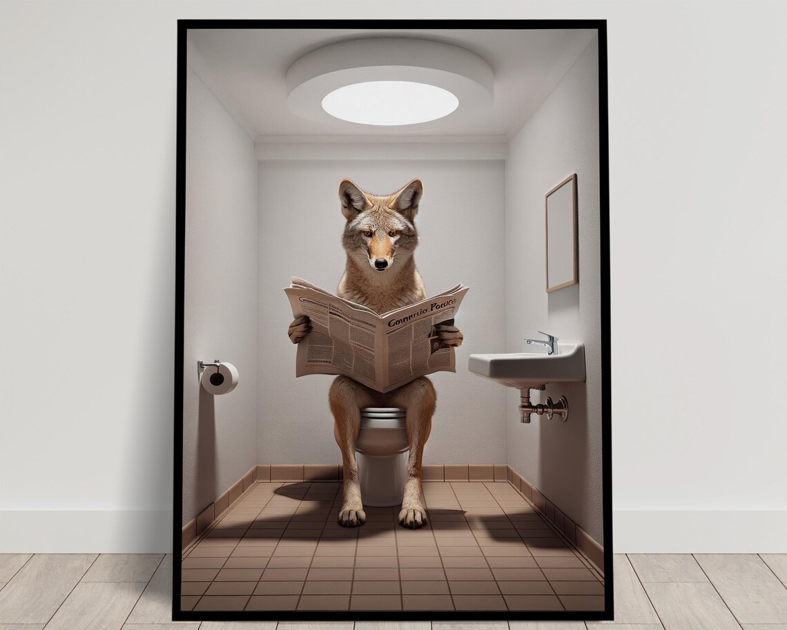 Coyote Reading the Newspaper on the Toilet Funny Bathroom Poster