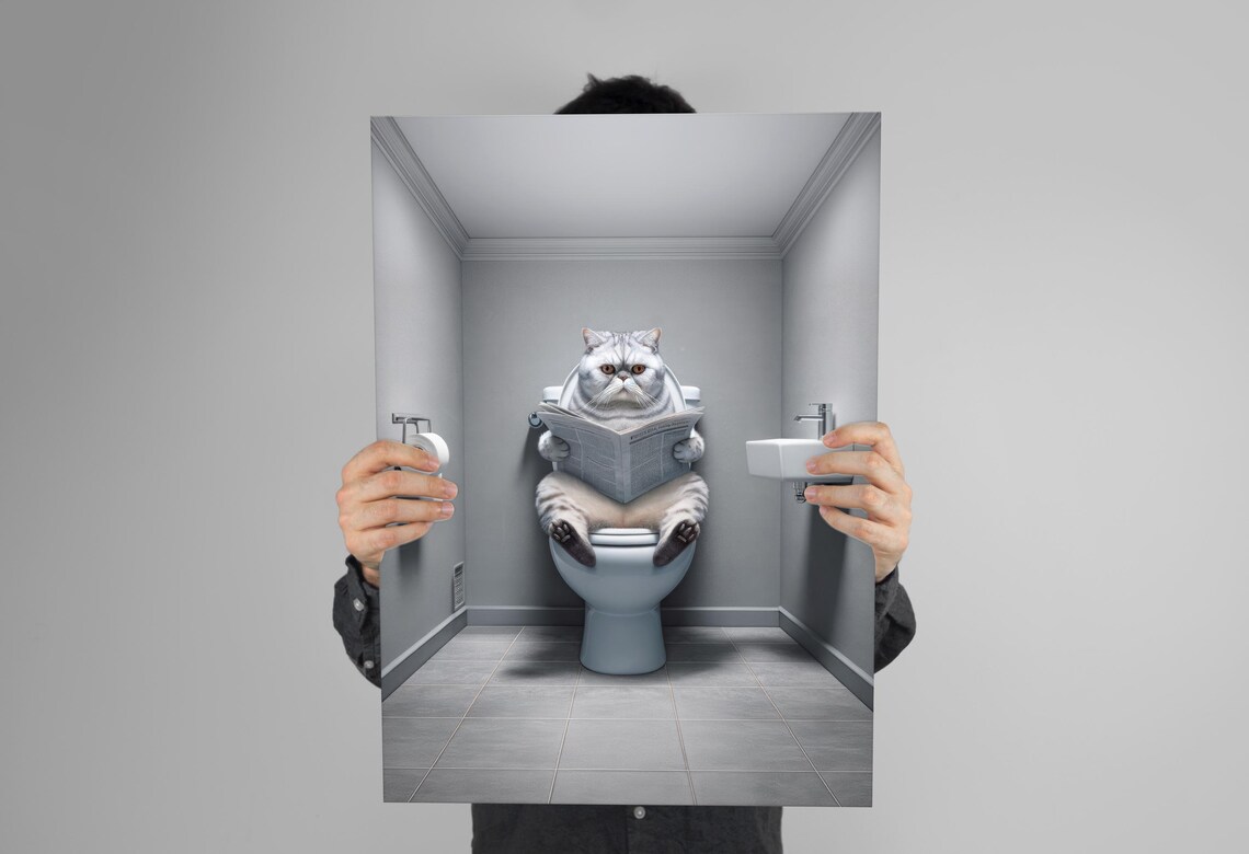 Silver Shaded Cat Reading Newspaper On The Toilet Funny Bathroom Poster - Image 3