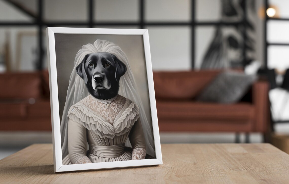 Black Labrador Wedding Dress Portrait Vintage Bride Dog Funny Wall Art - Image 4