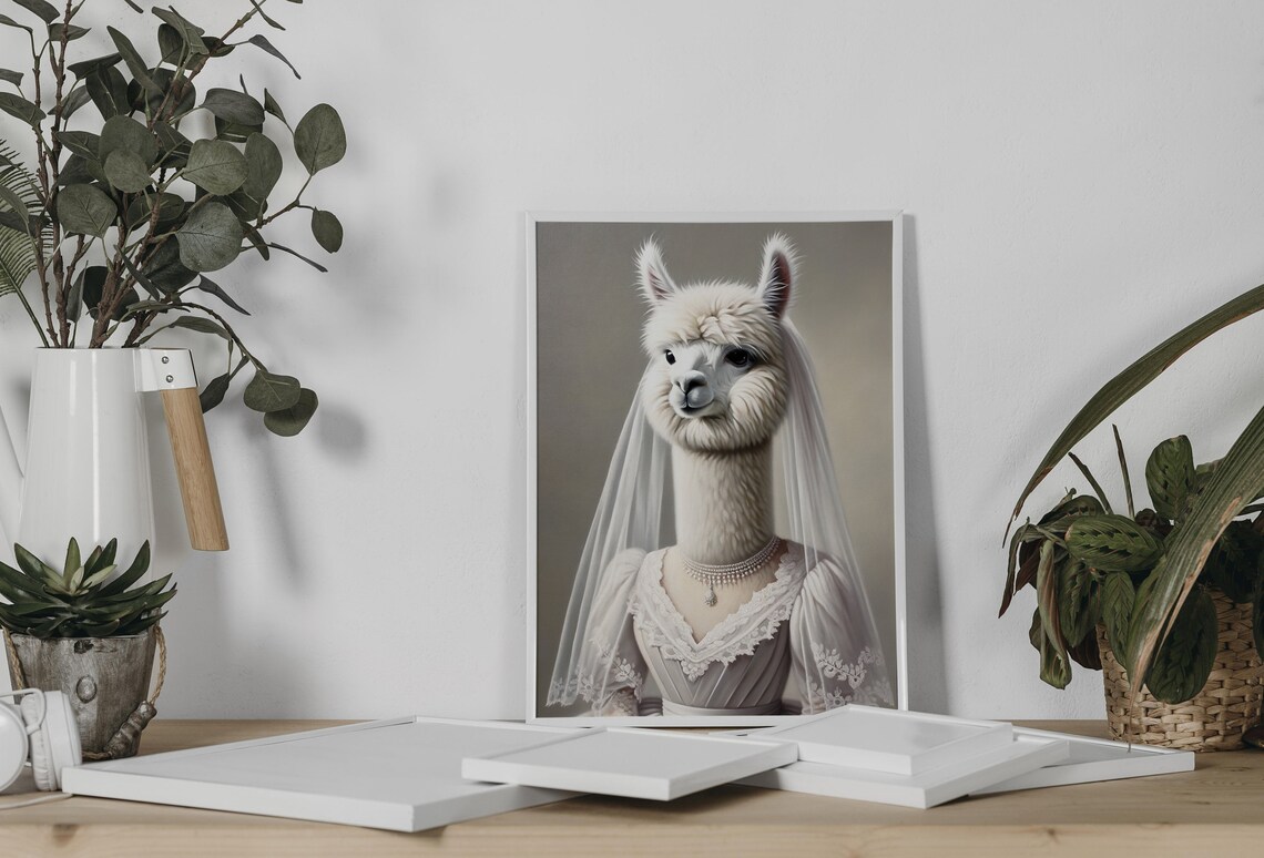 Alpaca Bride in Wedding Dress Veil and Pearl Necklace Funny Poster - Image 2