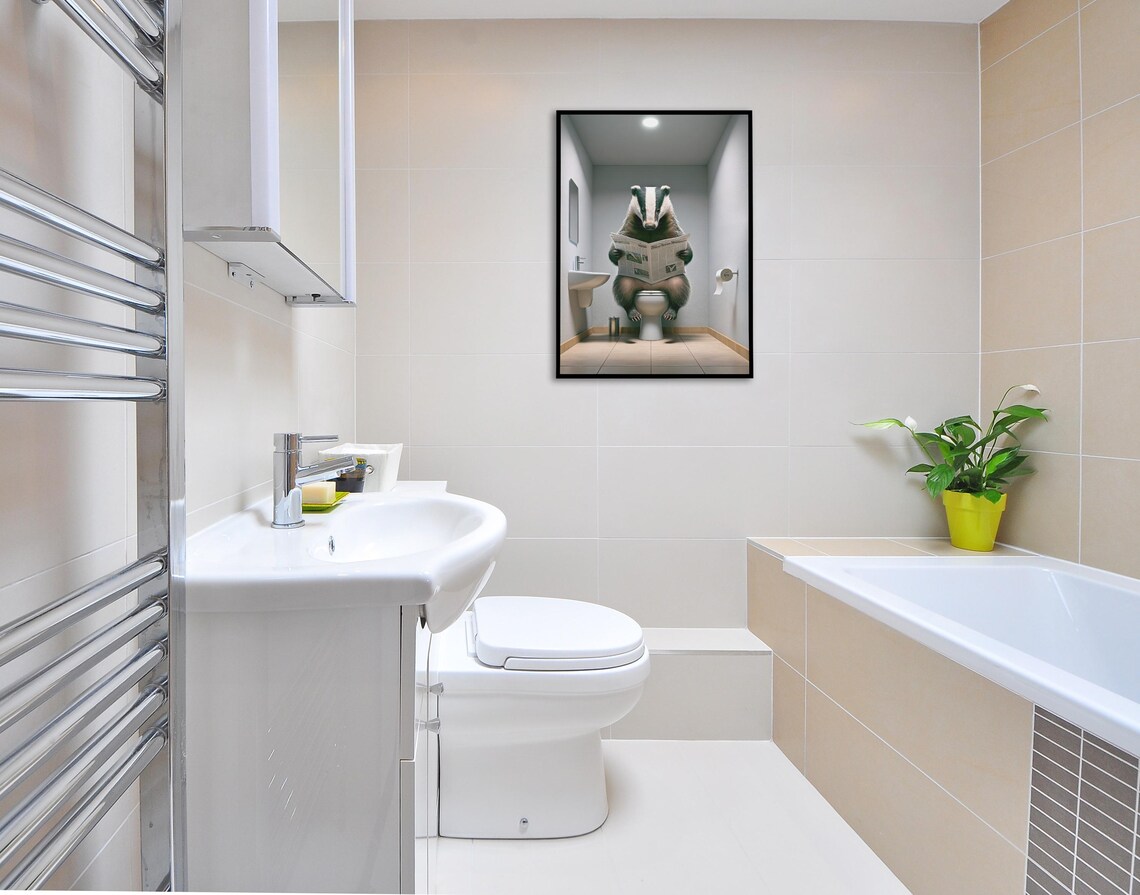 Badger Reading the Newspaper on the Toilet Funny Bathroom Poster - Image 2