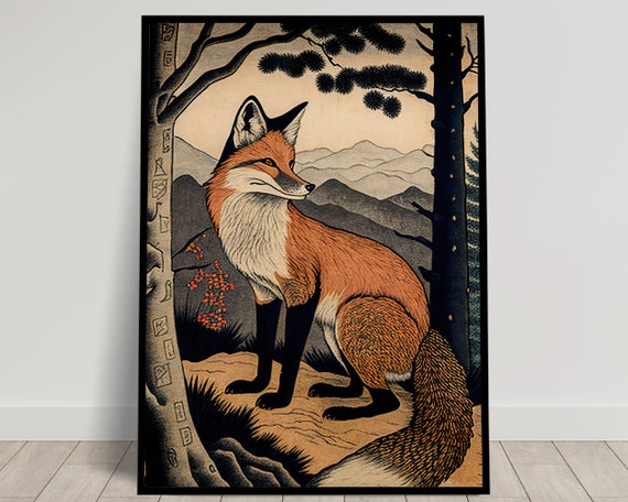 Fox Wall Poster Japanese Art Style Illustration Japanese Ukiyo E Print Vintage Fox Poster Wall Art