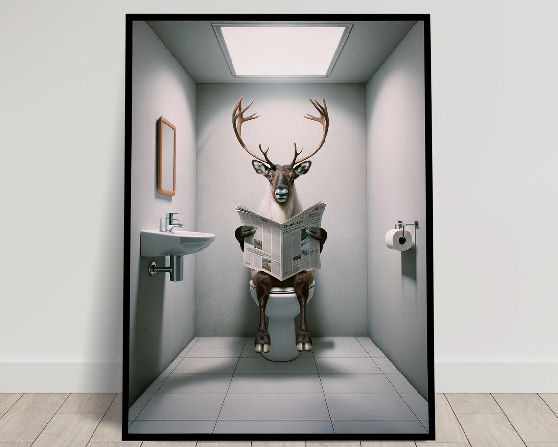 Reindeer Reading The Newspaper, Funny Bathroom Poster