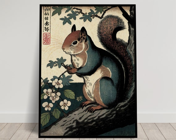 Squirrel Wall Poster Japanese Art Style Illustration Ukiyo E Print Poster Wall Art Squirrel Wall Decoration Japan