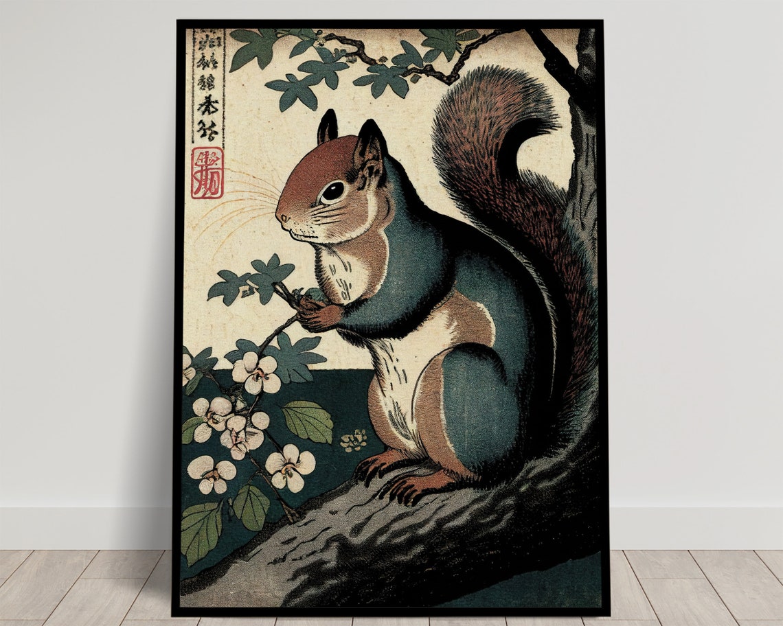 Squirrel Wall Poster Japanese Art Style Illustration Ukiyo E Print Poster Wall Art Squirrel Wall Decoration Japan