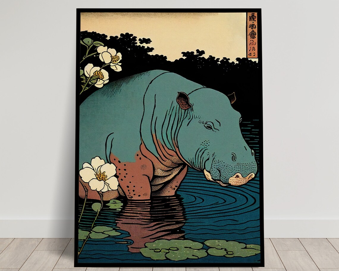 Hippopotamus Vintage Ukiyo-E Art Print