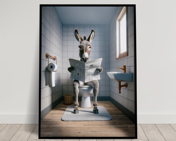 Photograph Of A Donkey Reading The Newspaper On The Toilet Funny Bathroom Decor Bathroom Wall Art Wc Toilet Poster Unique Funny Gift