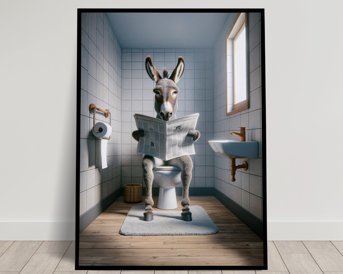 Funny Donkey Reading Newspaper On Toilet Quirky Bathroom Humor Poster