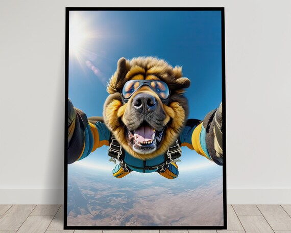 Tibetan Mastiff Skydiving Selfie with Goggles Over Mountain Landscape Poster