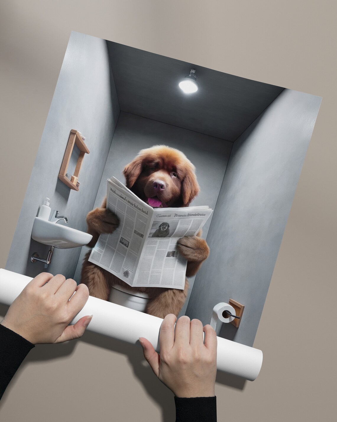 Brown Newfoundland Reading Newspaper Bathroom Poster - Image 2