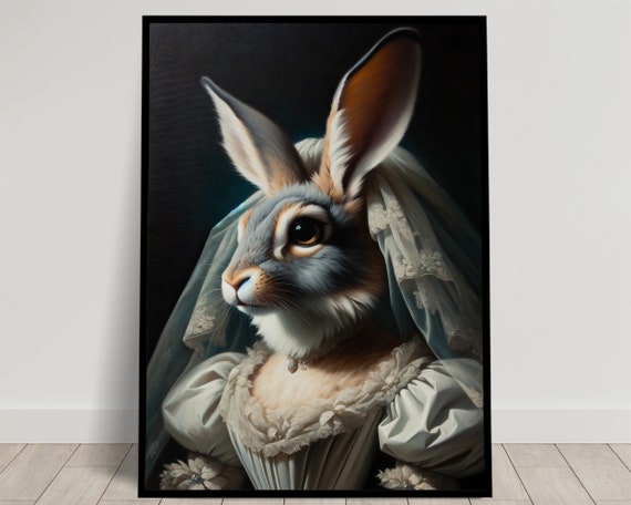 Portrait Of A Rabbit Wearing A Wedding Dress Animal Wall Decor Rabbit Mariage Poster Bride Wall Art Funny Frame Unique Gift