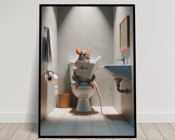Photograph Of A Mouse Reading The Newspaper On The Toilet Funny Bathroom Decor Bathroom Wall Art Wc Toilet Poster Unique Gag Gift