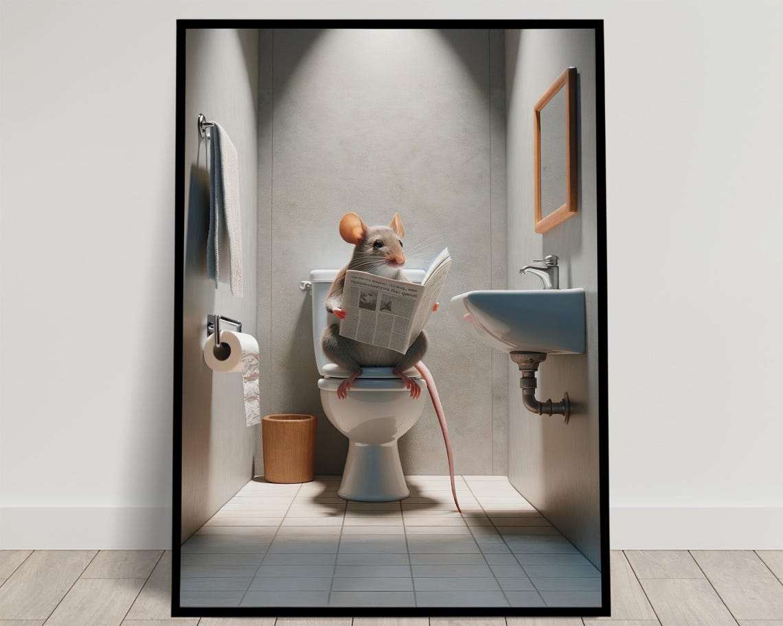 Mouse Reading the Newspaper on the Toilet Funny Bathroom Poster