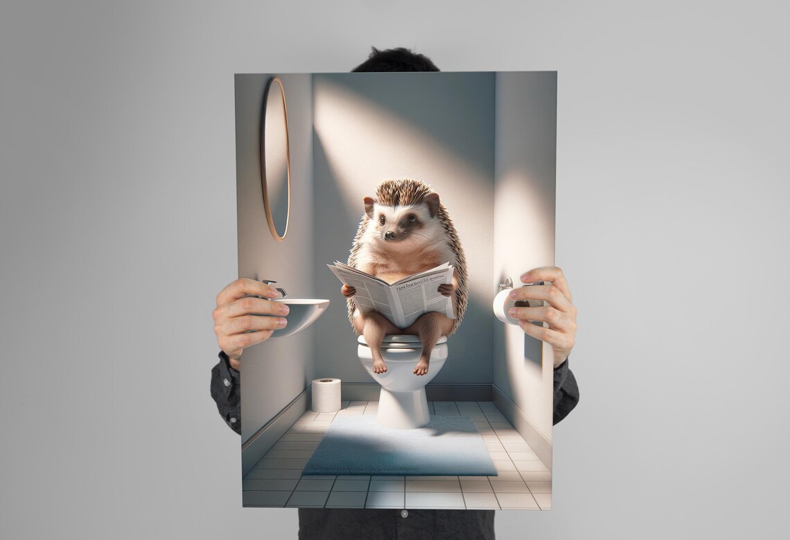 Funny Hedgehog Reading Newspaper On Toilet Cute Bathroom Humor Poster - Image 3