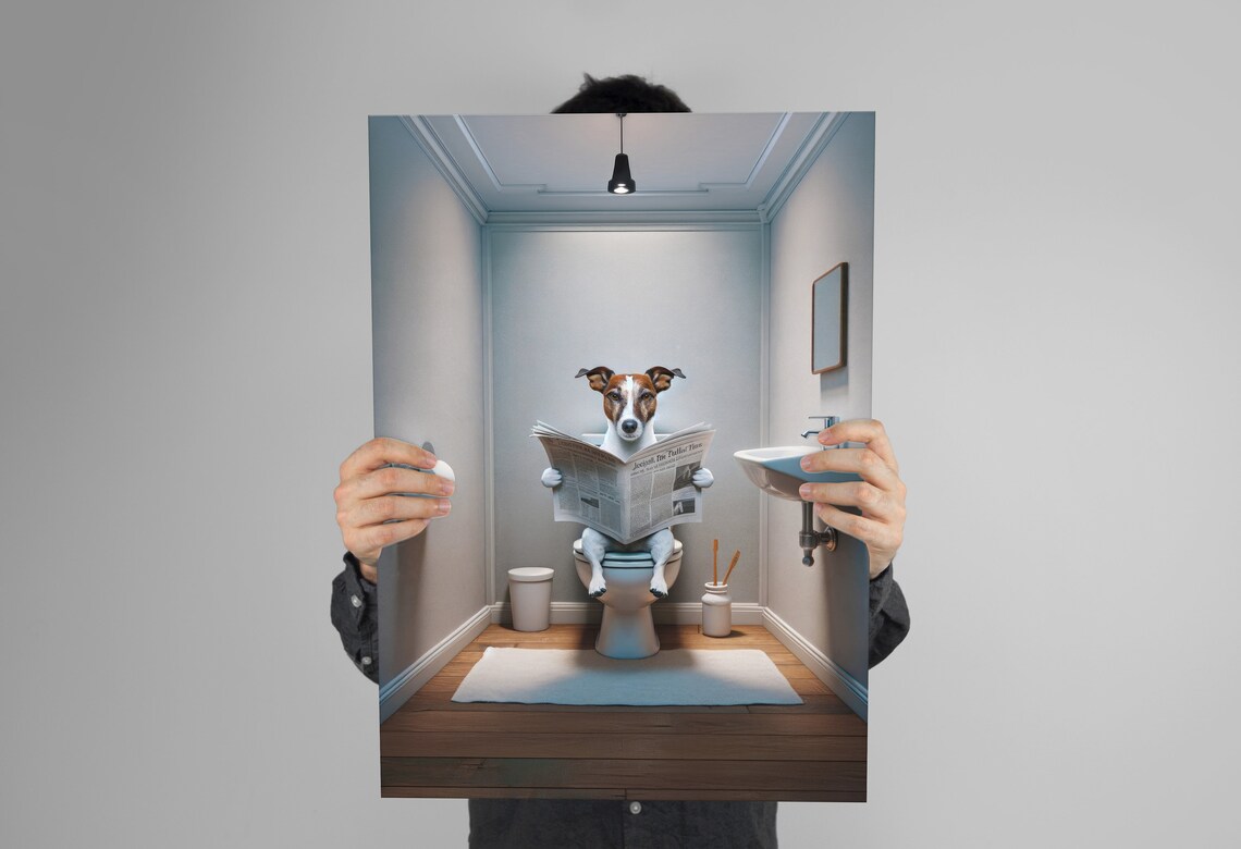 Funny Jack Russell Terrier Reading Newspaper On Toilet Bathroom Poster - Image 3