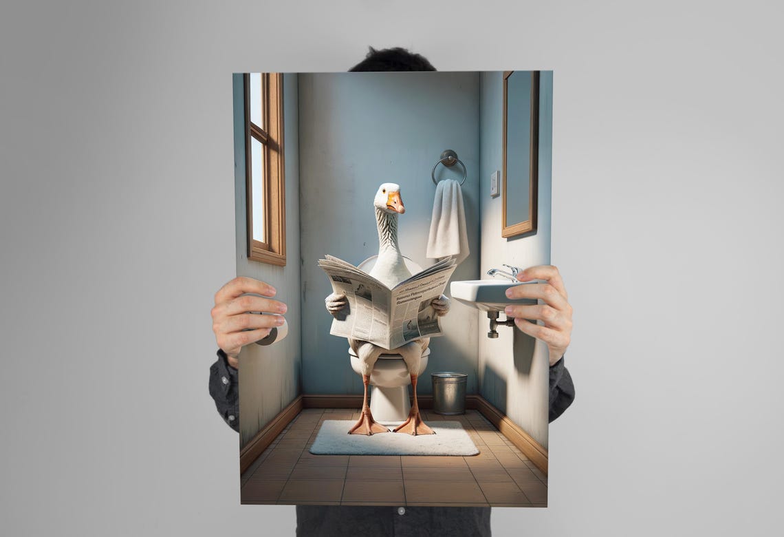White Goose Reading Newspaper On The Toilet Funny Bathroom Poster - Image 3