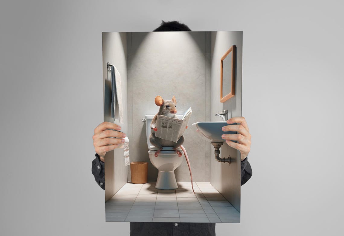 Mouse Reading the Newspaper on the Toilet Funny Bathroom Poster - Image 3