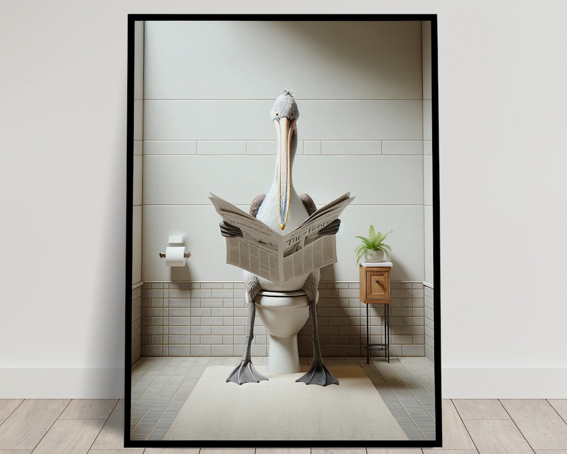 Pelican Reading the Newspaper, Funny Bathroom Poster