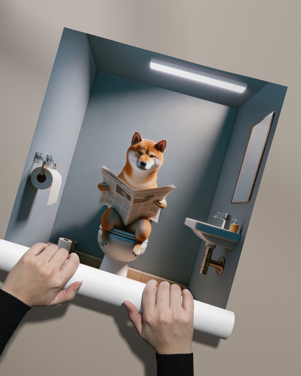 Shiba Inu Dog Reading Newspaper On Toilet Funny Bathroom Decor Poster - Image 2