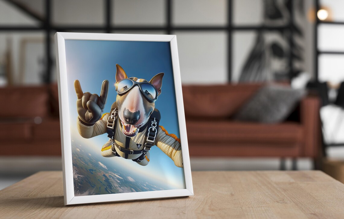 Bull Terrier Dog Skydiving Rock On Sign Epic Freefall Funny Poster - Image 4