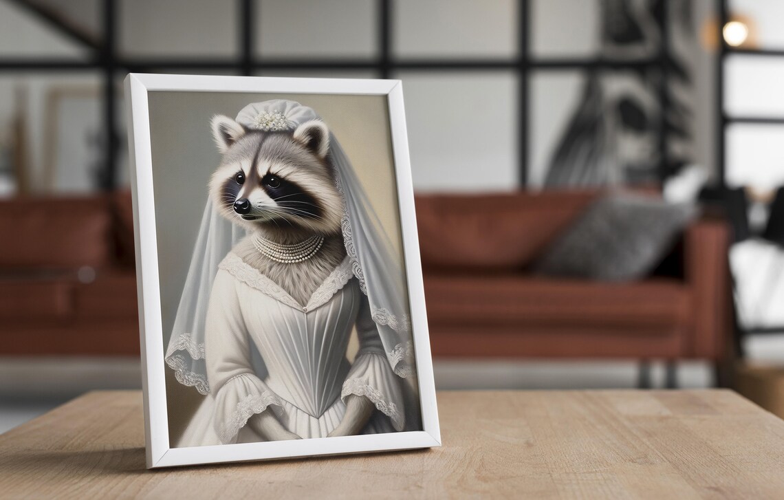 Raccoon Bride in a White Corset Wedding Dress Woodland Animal Poster - Image 4