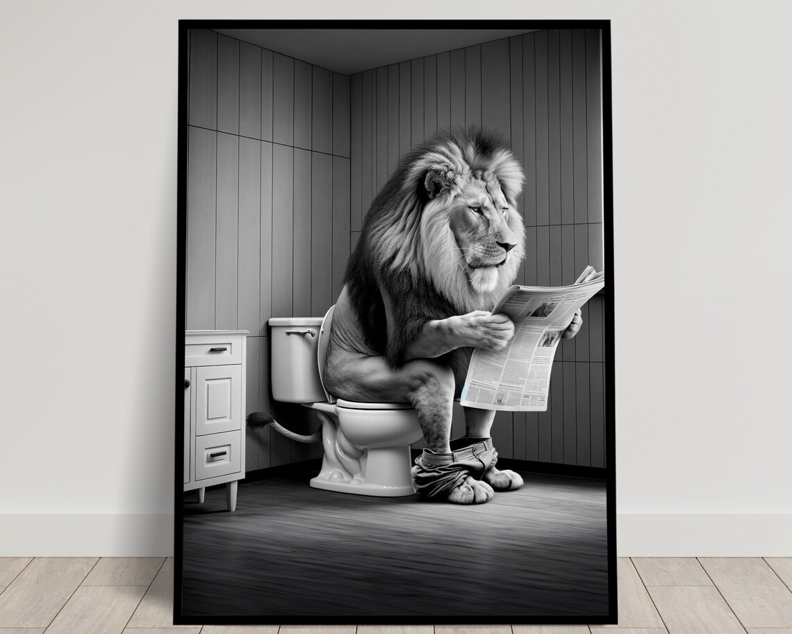Lion Reading on the Toilet Black and White Poster