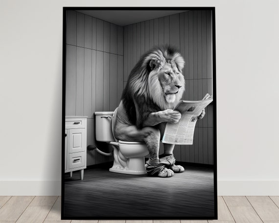Lion Reading on the Toilet Black and White Poster