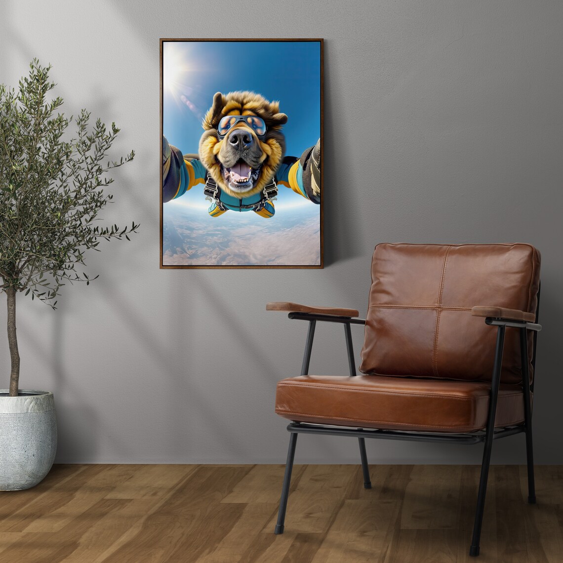 Tibetan Mastiff Skydiving Selfie with Goggles Over Mountain Landscape Poster - Image 3