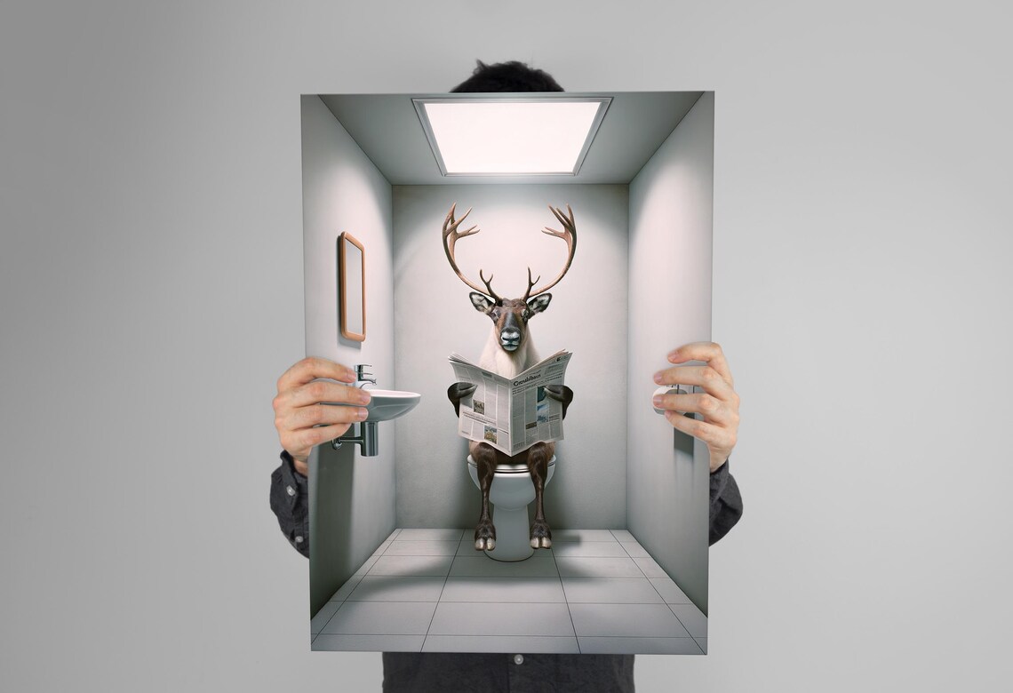 Reindeer Reading The Newspaper, Funny Bathroom Poster - Image 3