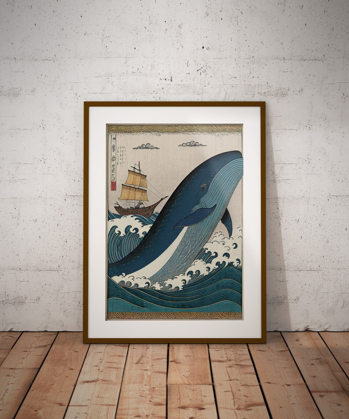 Giant Blue Whale Breaching Near Tall Ship Japanese Art Poster - Image 2