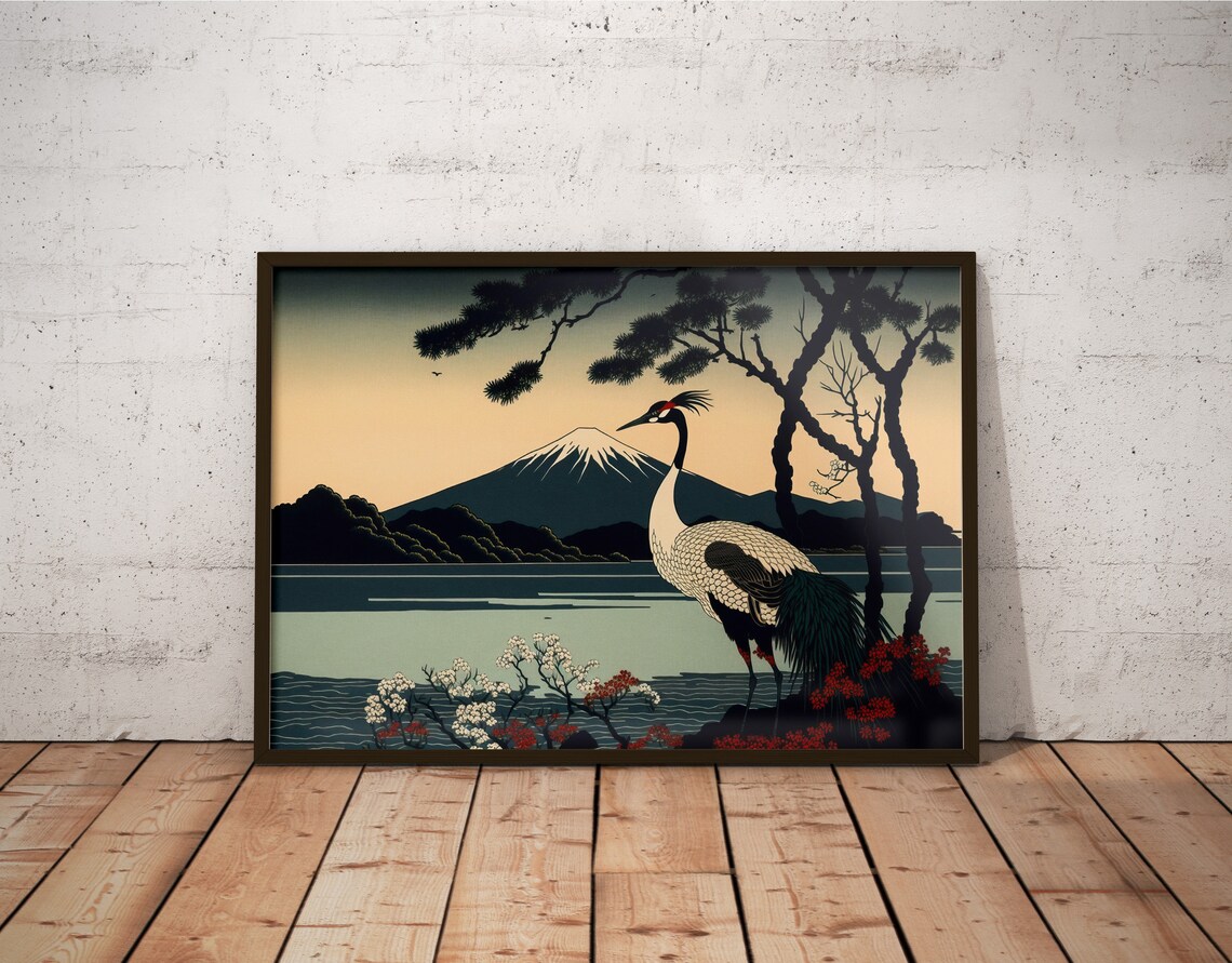 Red Crowned Crane At Sunrise Japanese Art Style Mount Fuji Poster - Image 2