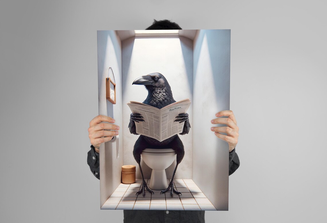 Crow Reading the Newspaper on the Toilet Funny Bathroom Poster - Image 3