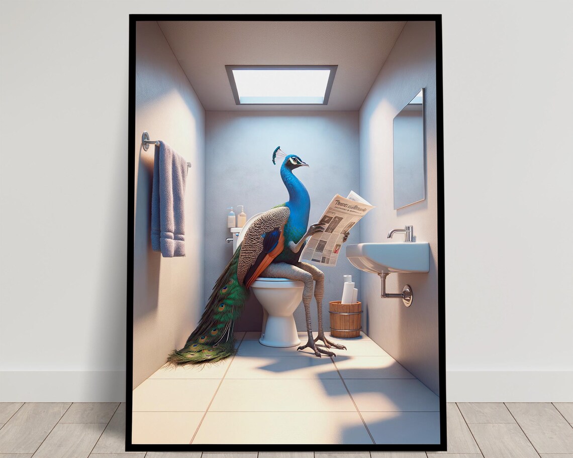 Peacock Reading the Newspaper on the Toilet Funny Bathroom Poster