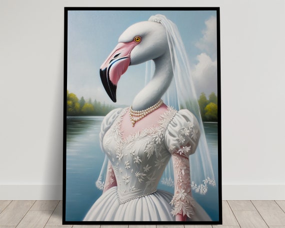 Portrait Of A Flamingo Wearing A Wedding Dress Animal Wall Decor Flamingo Mariage Poster Bride Wall Art Funny Frame Unique Gift
