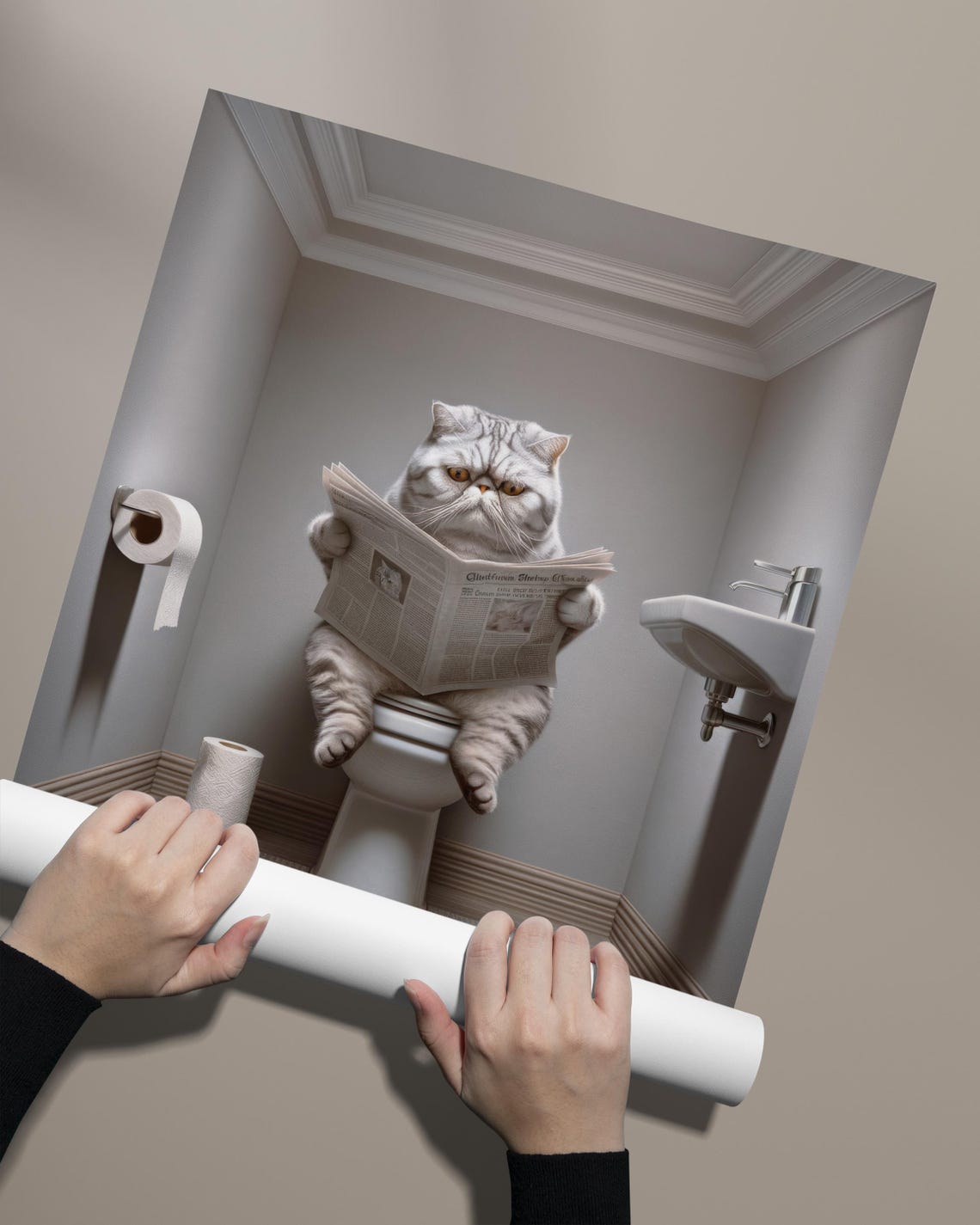 Silver Tabby Cat Reading Newspaper On The Toilet Funny Bathroom Poster - Image 2