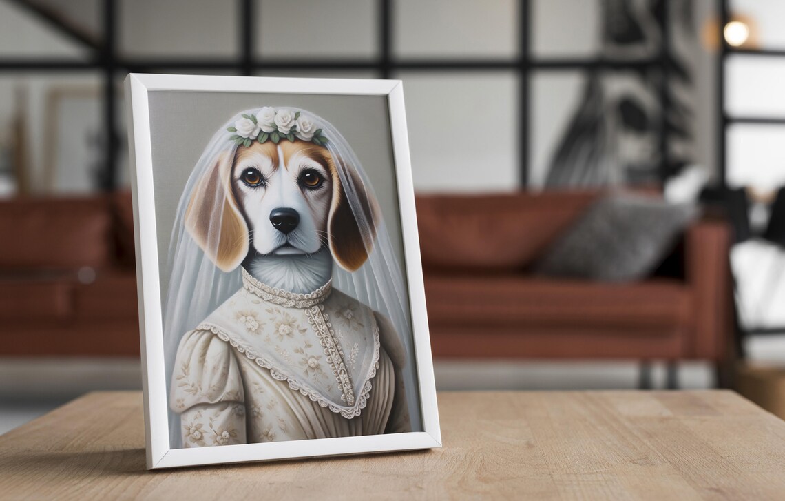 Beagle Bride in Wedding Dress with Floral Veil Dog Portrait Poster - Image 4