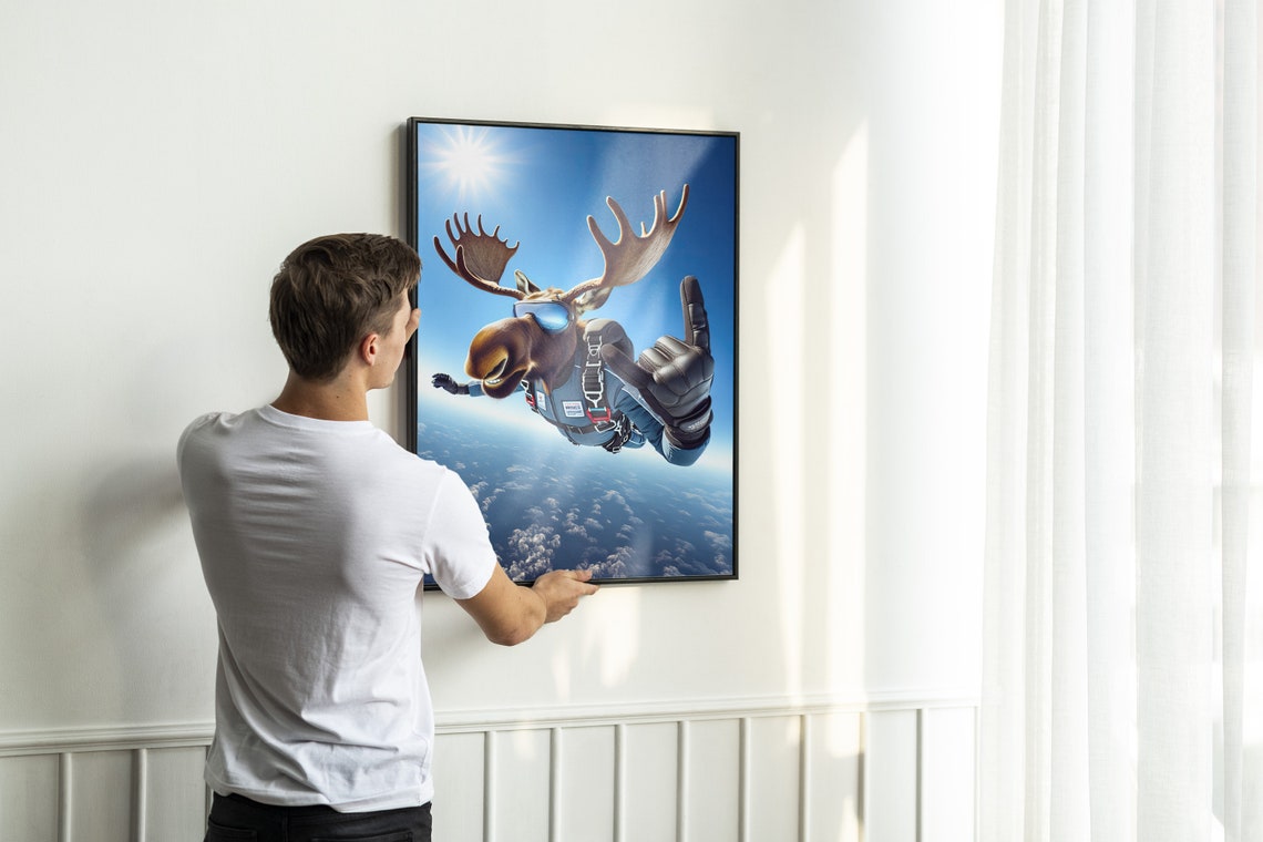Moose Skydiving With Antlers And Goggles Epic Freefall Animal Poster - Image 2