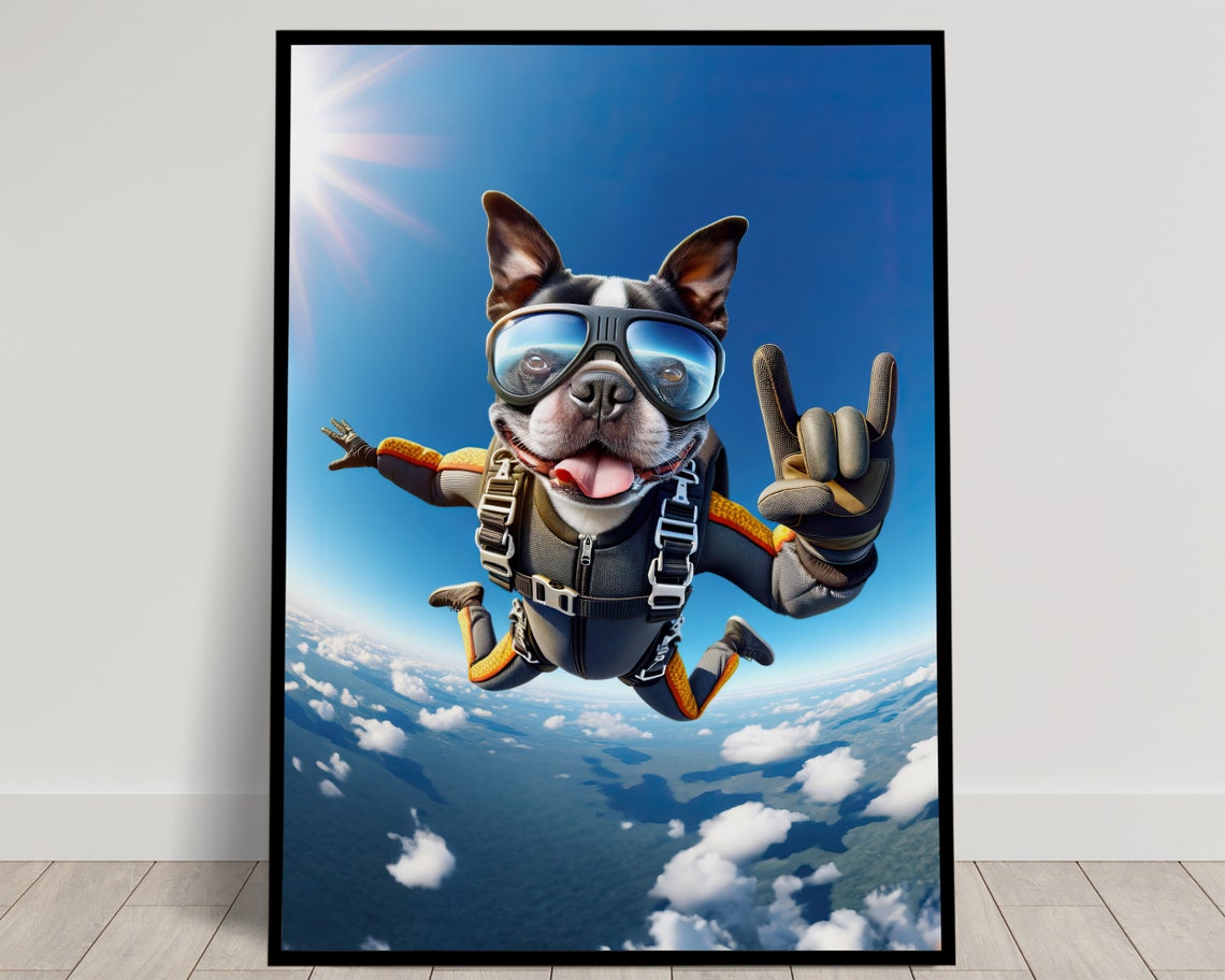 Boston Terrier Skydiving Rock On Sign Epic Freefall Dog Poster