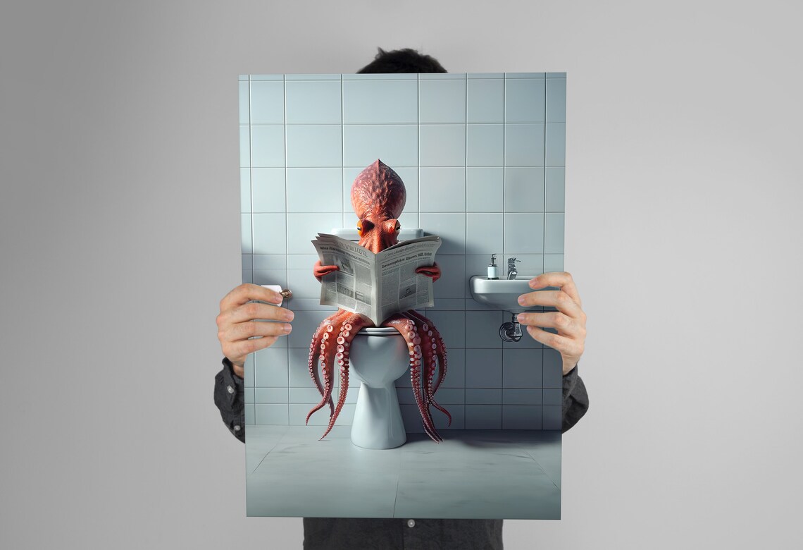 Octopus Reading Newspaper While Sitting on the Toilet Funny Poster - Image 3