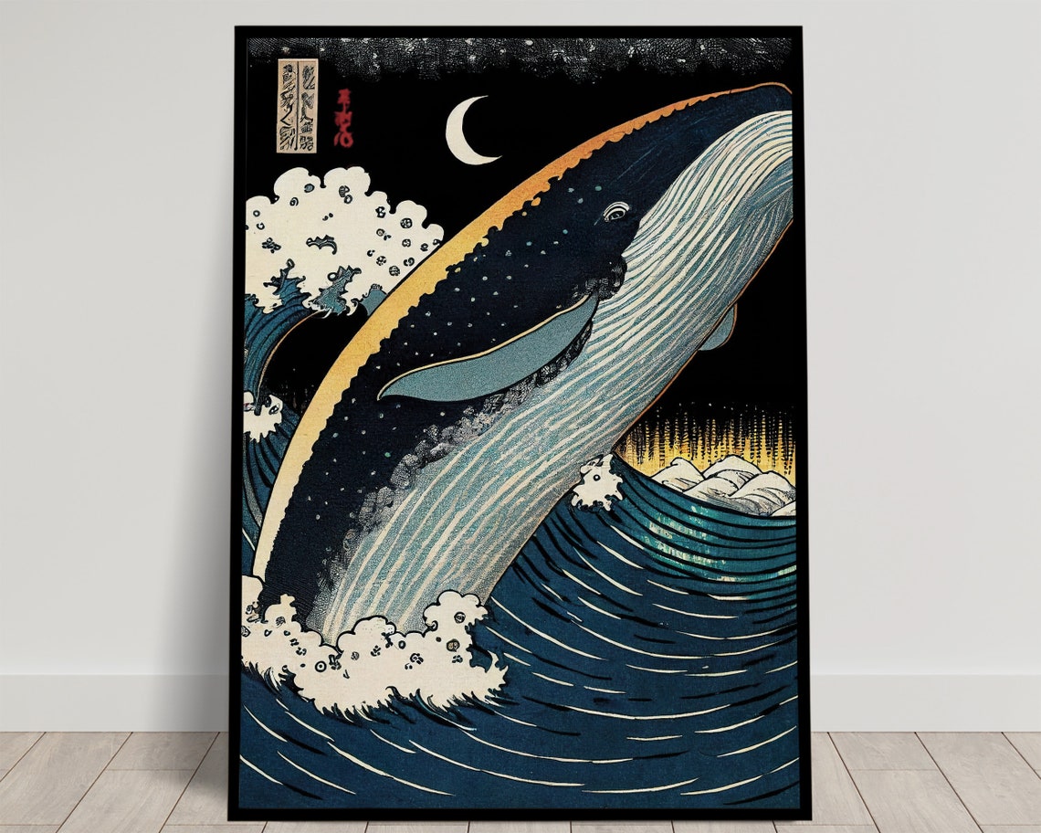 Whale Breaching at Night Under Crescent Moon Ukiyo E Japanese Poster