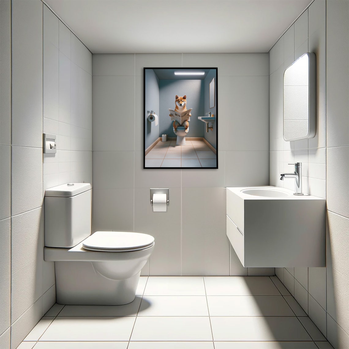 Photograph Of A Shiba Inu Dog Reading The Newspaper On The Toilet Funny Bathroom Decor Bathroom Wall Art Wc Toilet Poster Gag Gift - Image 4