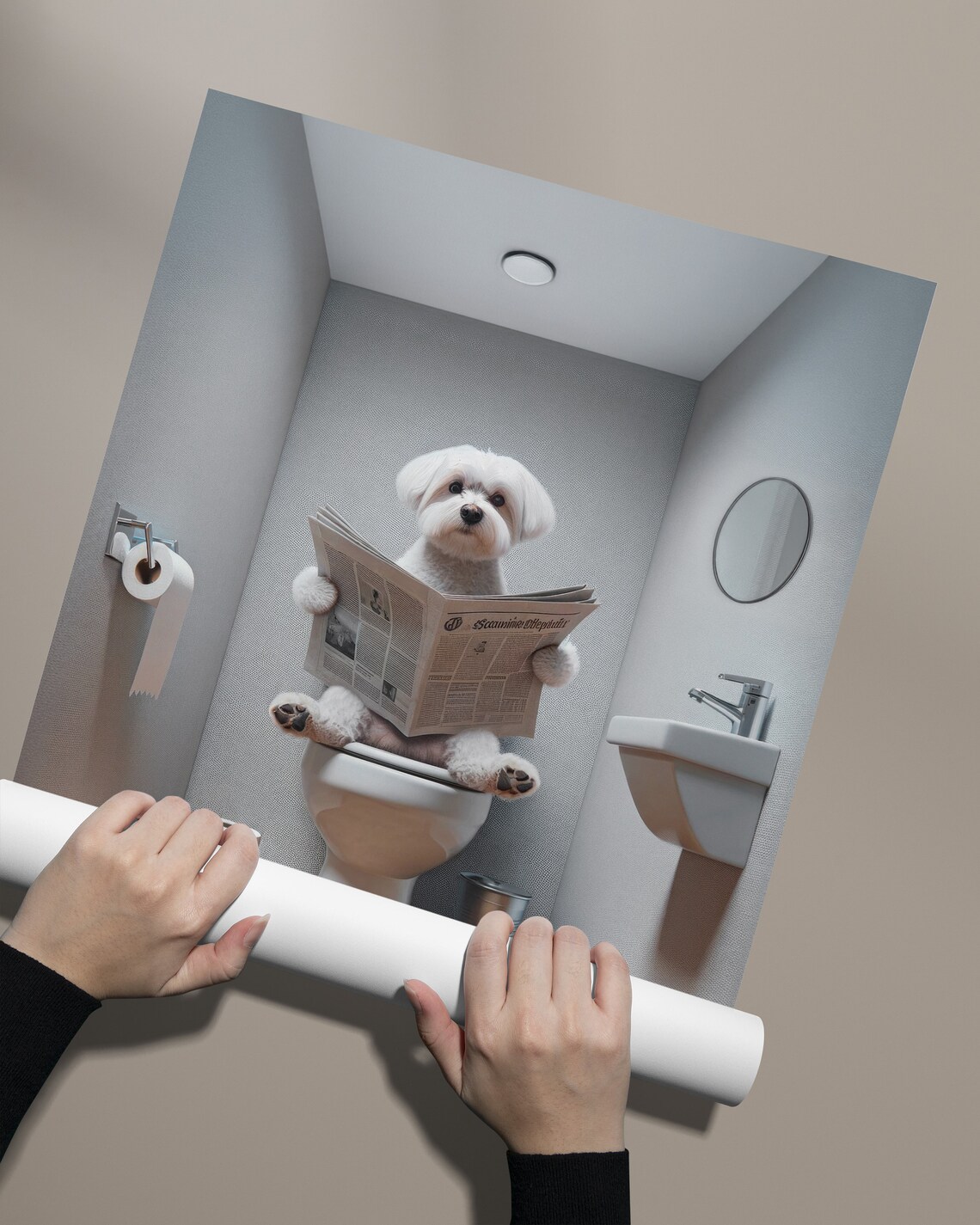 Photograph Of A Maltese Dog Reading The Newspaper On The Toilet Funny Bathroom Decor Bathroom Wall Art Wc Toilet Poster Gag Gift - Image 2