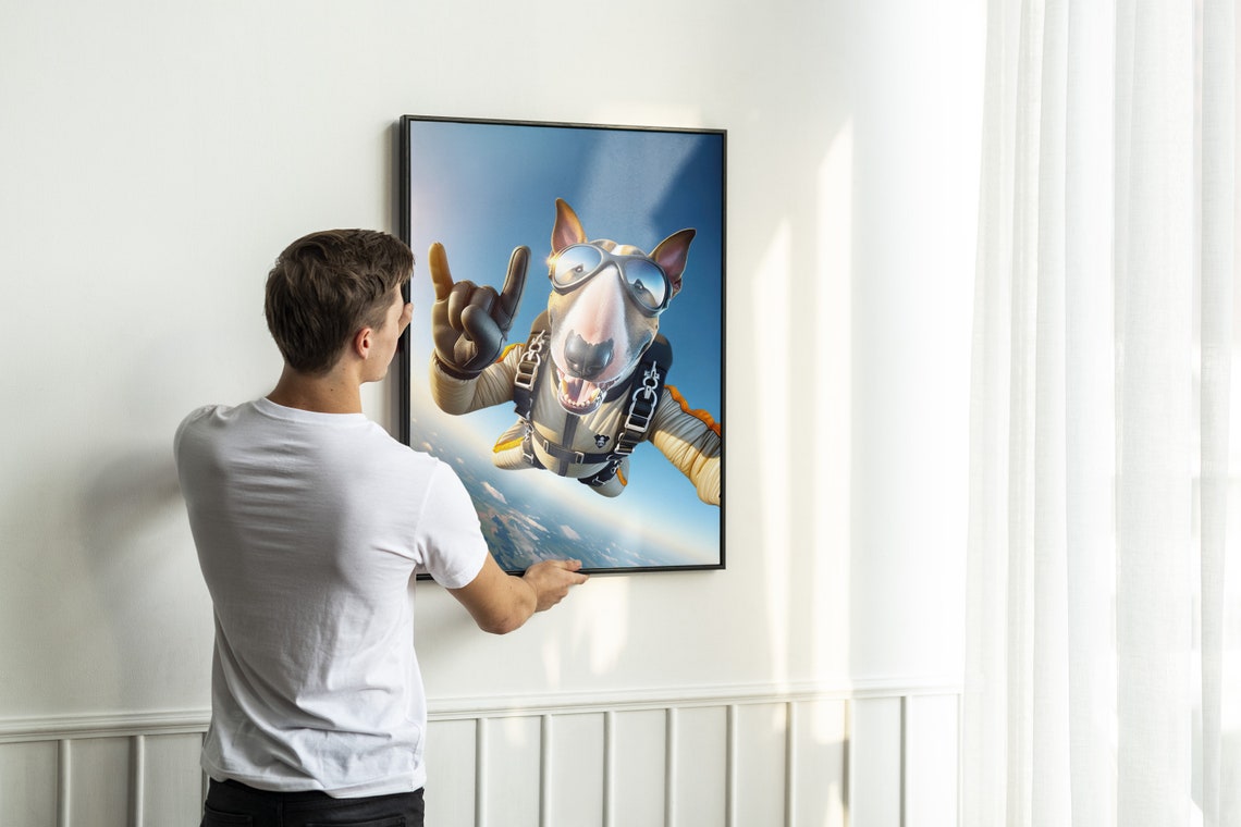 Bull Terrier Dog Skydiving Rock On Sign Epic Freefall Funny Poster - Image 2