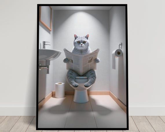 Poster Of A Silver Shaded British Shorthair Cat Sitting On The Toilet Funny Bathroom Decor Bathroom Wall Art Wc Toilet Poster Gag Gift