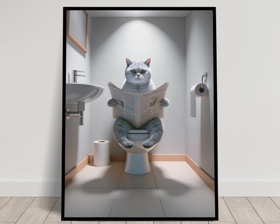 Silver British Shorthair Cat Reading Newspaper Funny Art Poster