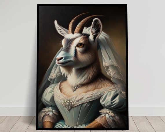 Portrait Of A Goat Wearing A Wedding Dress Animal Wall Decor Goat Mariage Poster Bride Wall Art Funny Frame Unique Gift