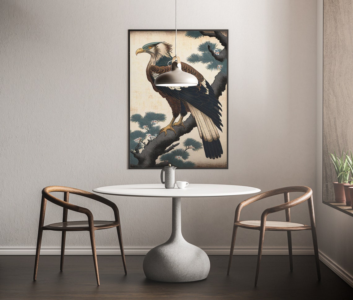 Majestic Eagle Perched On Pine Branch Japanese Artwork Poster - Image 3