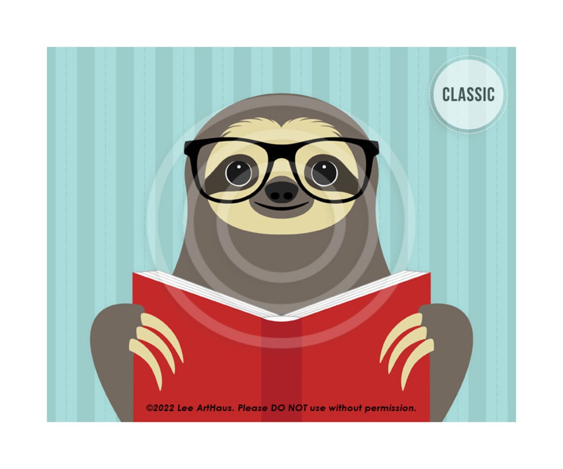 Cute Sloth Glasses Reading Red Book Turquoise Book Lover Library Poster - Image 4