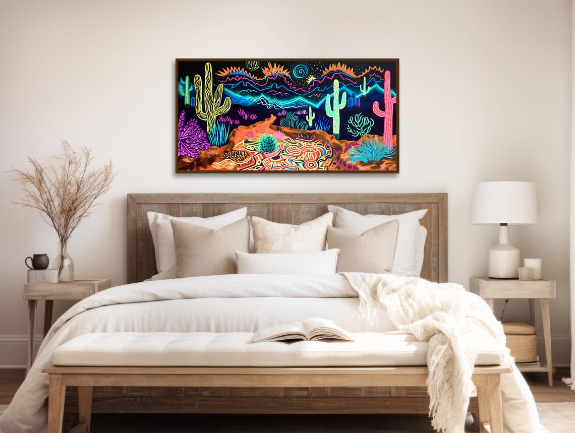 Neon Night Desert Landscape Painting Glowing Cactus Moon Wall Poster - Image 2